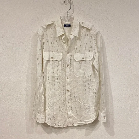 Polo Ralph Lauren Eyelet Linen Shirt Women's Size Medium White Button Down - Picture 2 of 6